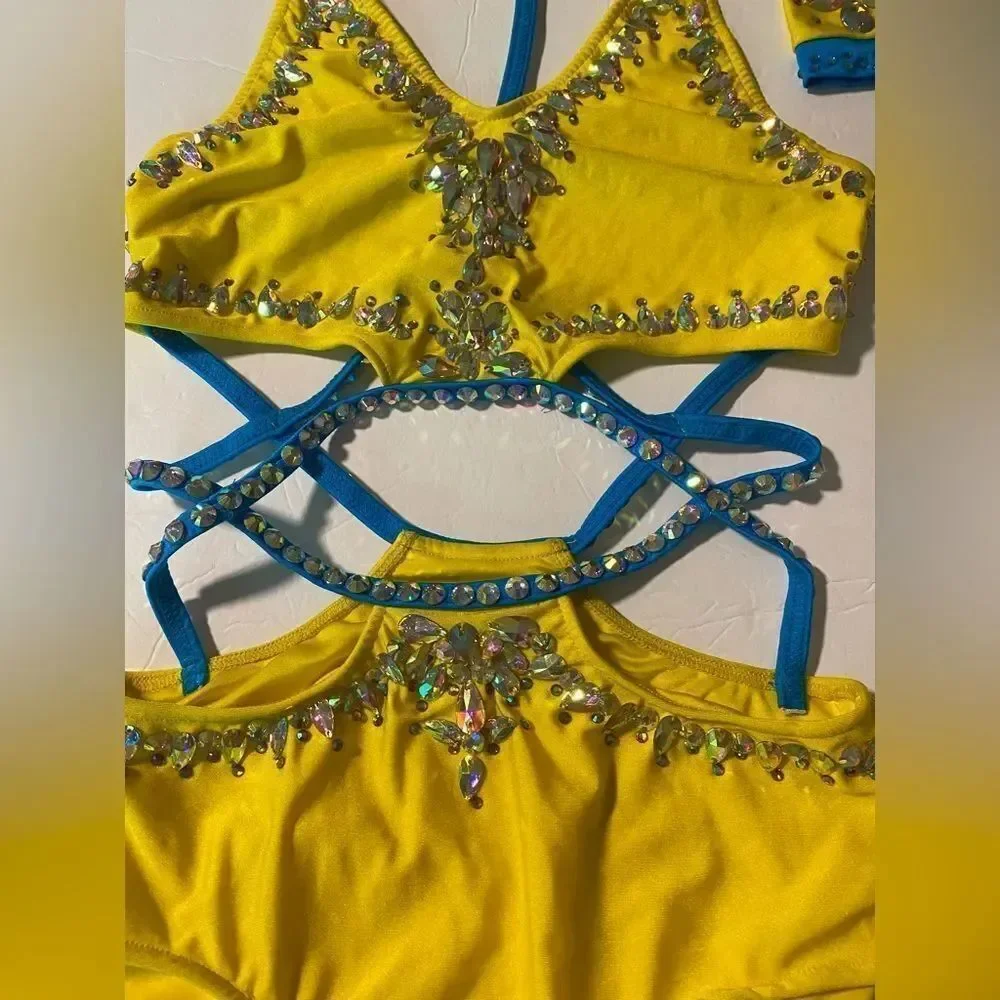 Custom Solo Dance Costume Yellow Blue Rhinestone Jazz Costume MA-Medium adult